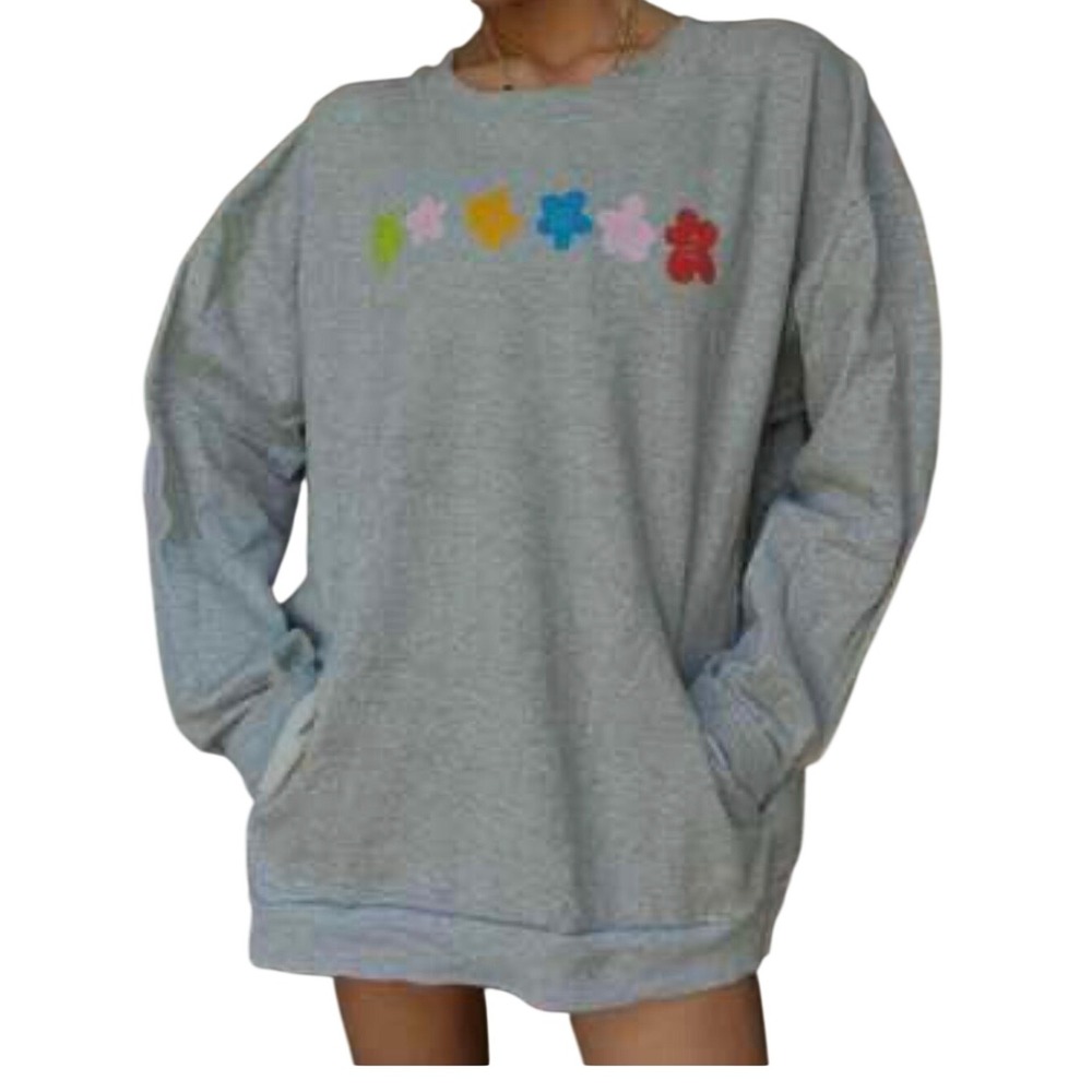 Lonely Ghost Heather Gray Colorful Flower Crewneck Sweatshirt Womens XL